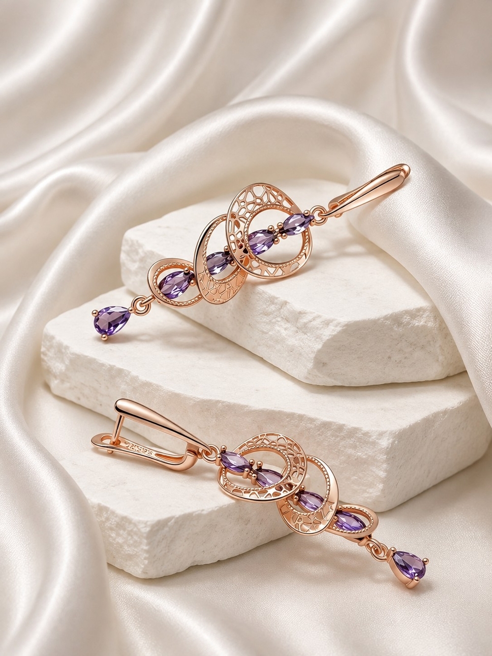 Rose Gold Drop Earrings with Amethyst-Colored Stones